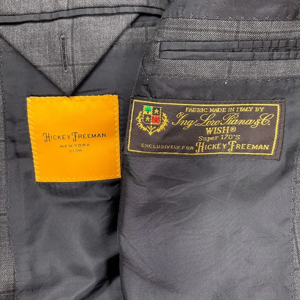 Hickey‎ Freeman Blazer Mens 46L Charcoal Windowpane Loro Piana Super 170s Wool